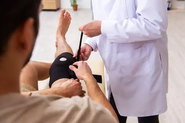 Arzt untersucht Bein eines Patienten in orthopädischer Praxis.